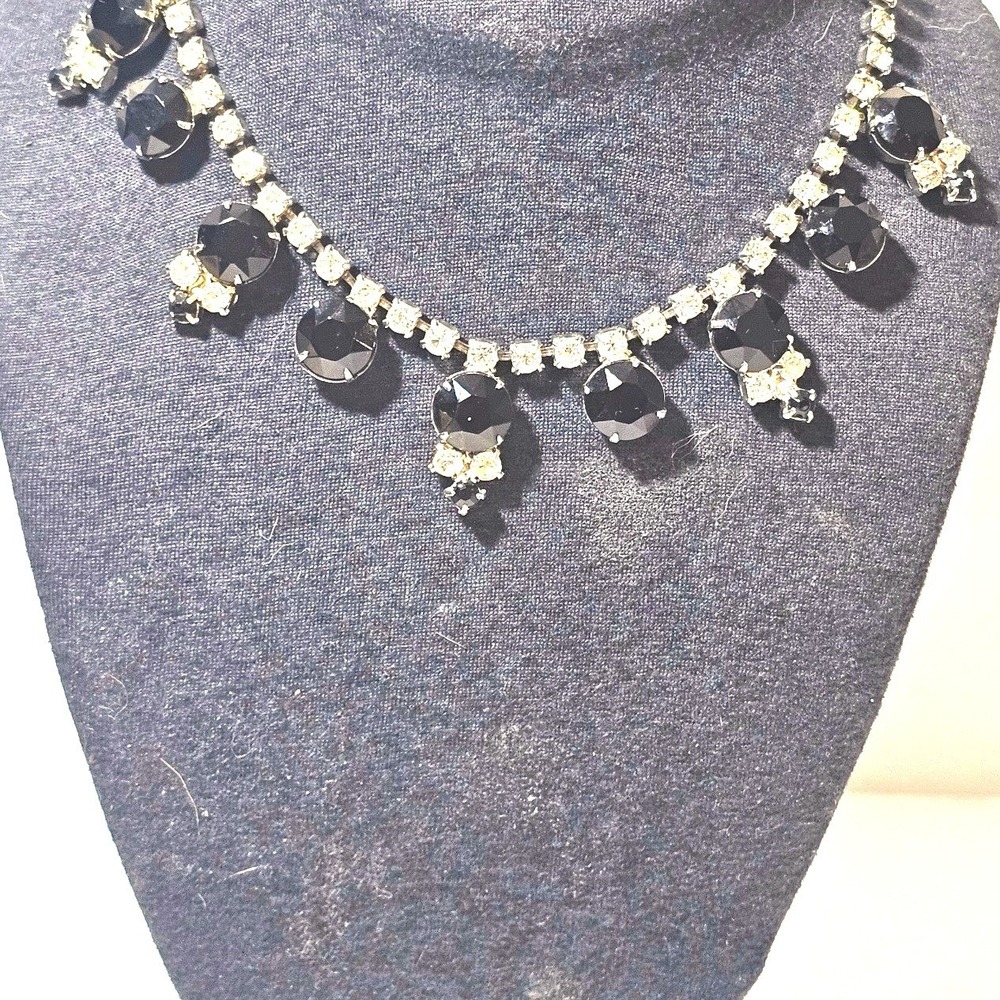 Vintage Black and Clear Rhinestone Choker Necklace Silver Tone Fringe J-Hook